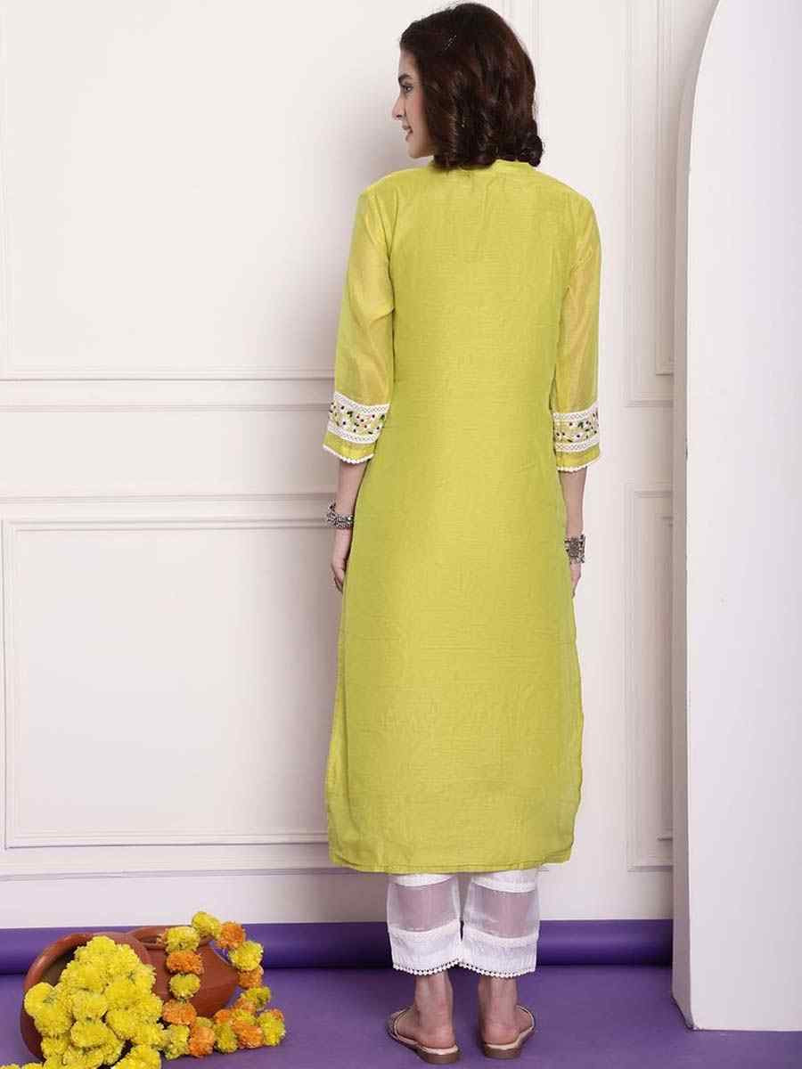 Lemon Yellow Chanderi Embroidered Festival Casual Kurti