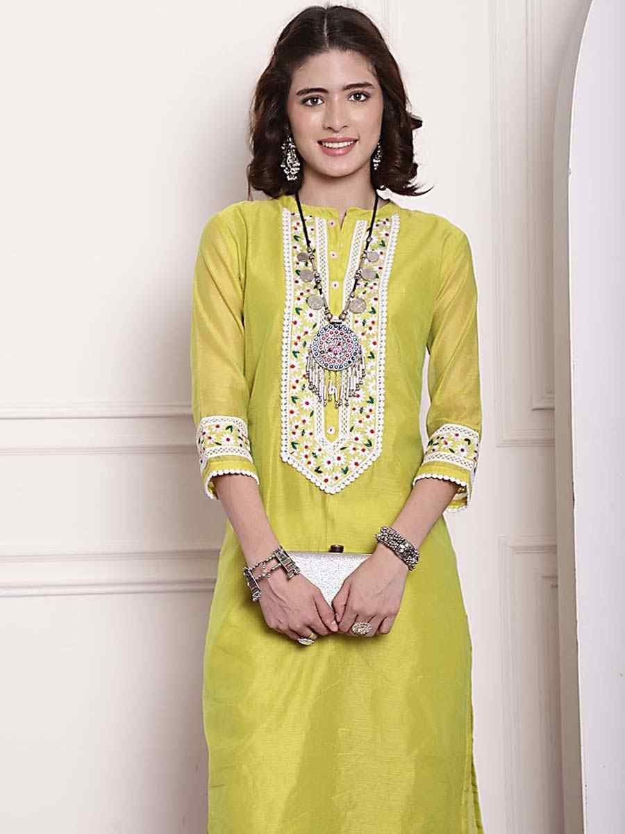 Lemon Yellow Chanderi Embroidered Festival Casual Kurti