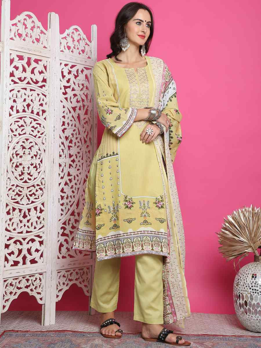 Lemon Yellow Cotton Embroidered Casual Festival Pant Salwar Kameez