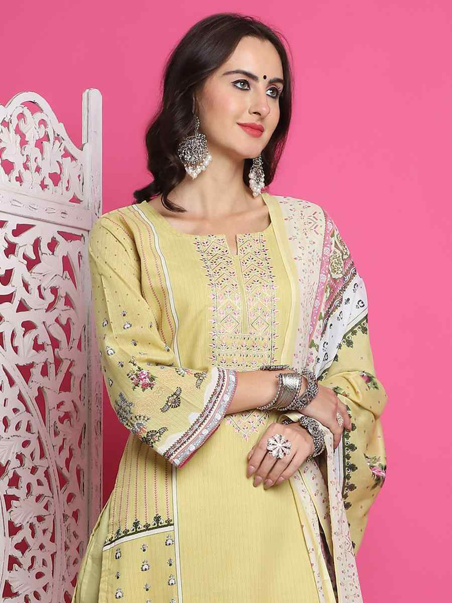 Lemon Yellow Cotton Embroidered Casual Festival Pant Salwar Kameez