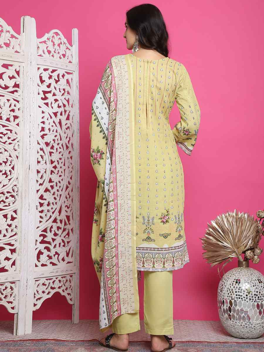 Lemon Yellow Cotton Embroidered Casual Festival Pant Salwar Kameez