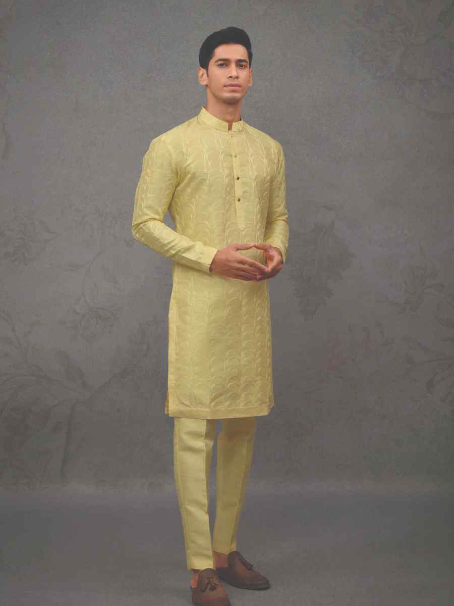 Lemon Yellow Silk Woven Party Wedding Kurta