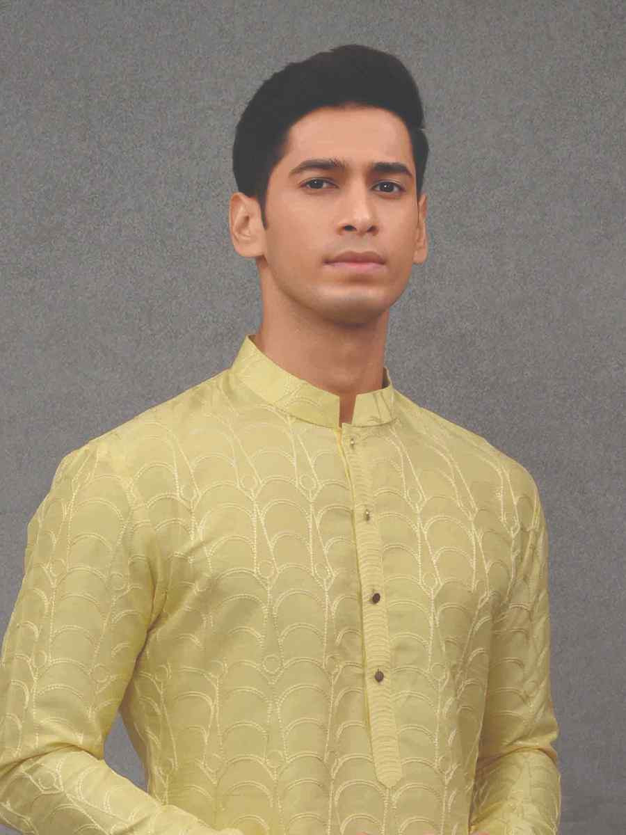 Lemon Yellow Silk Woven Party Wedding Kurta