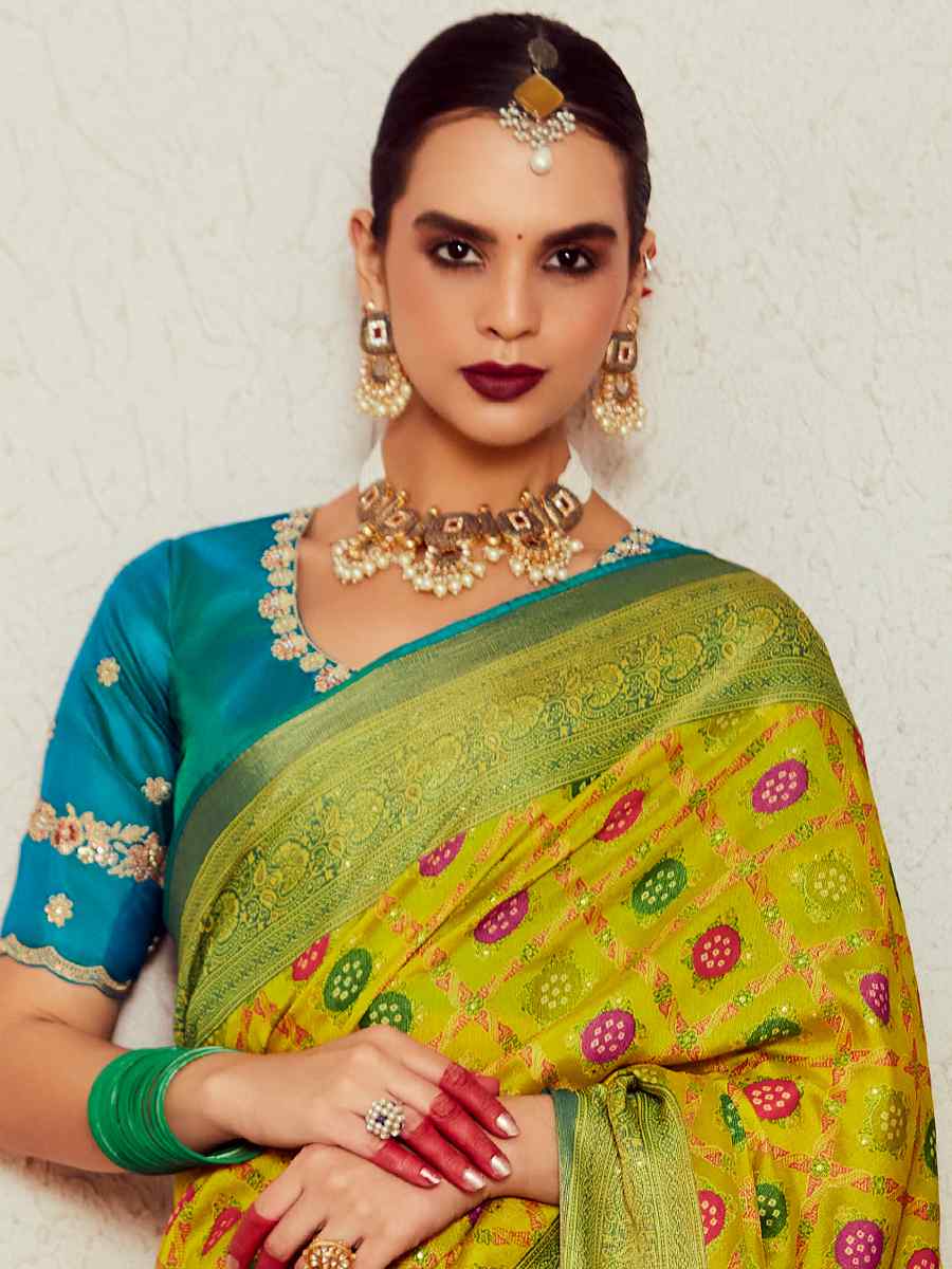 Lemon Yellow Soft Brasso Embroidered Festival Wedding Heavy Border Saree