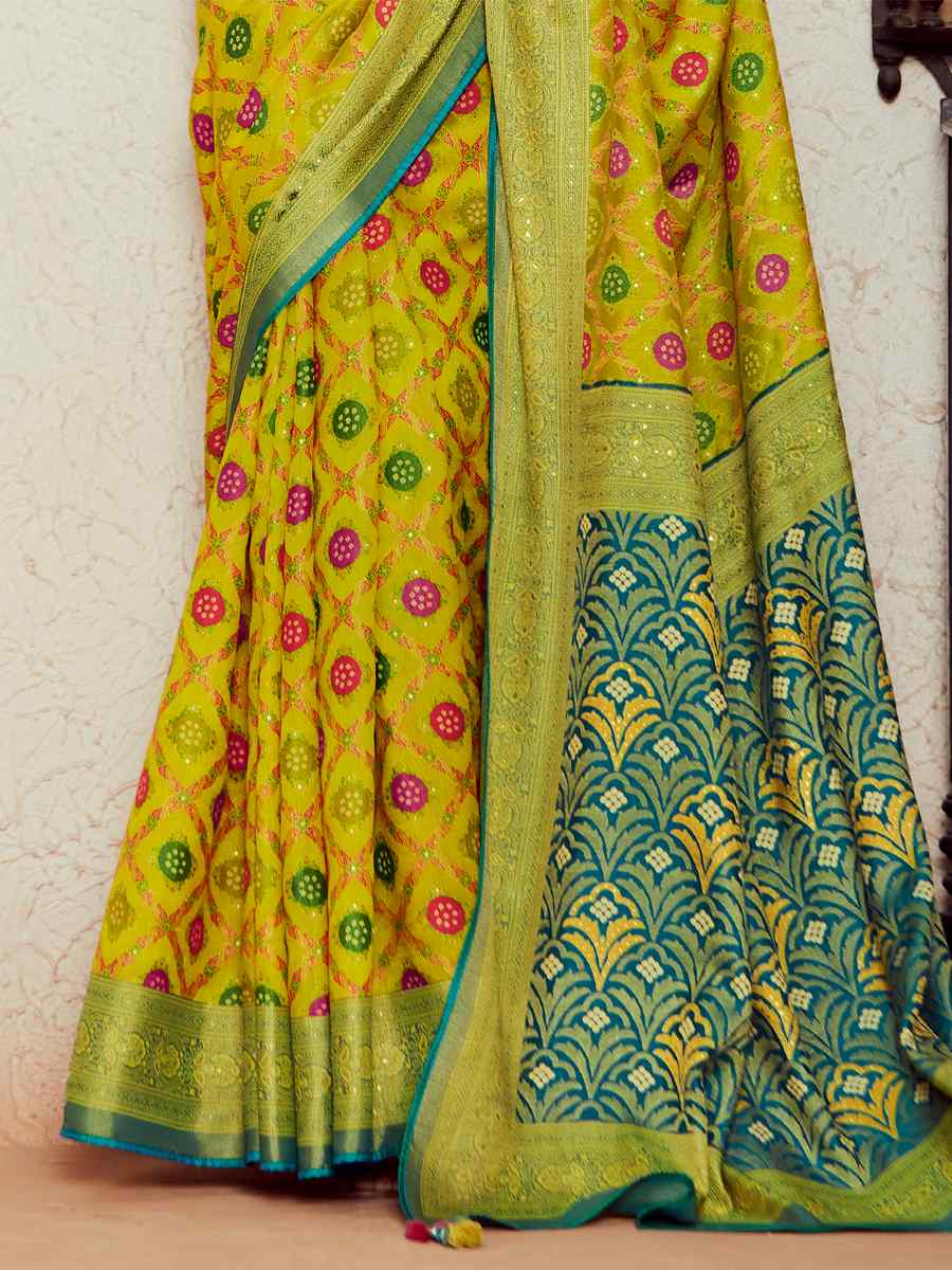 Lemon Yellow Soft Brasso Embroidered Festival Wedding Heavy Border Saree