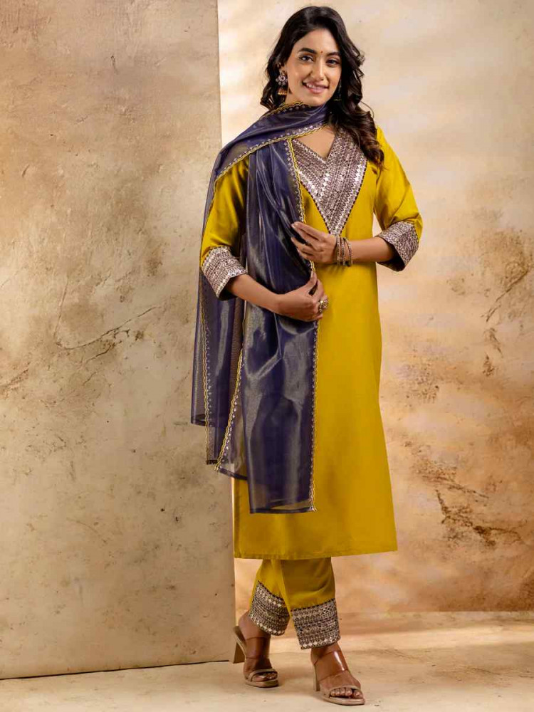 Lemon Yellow Viscose Rayon Embroidered Festival Casual Ready Pant Salwar Kameez