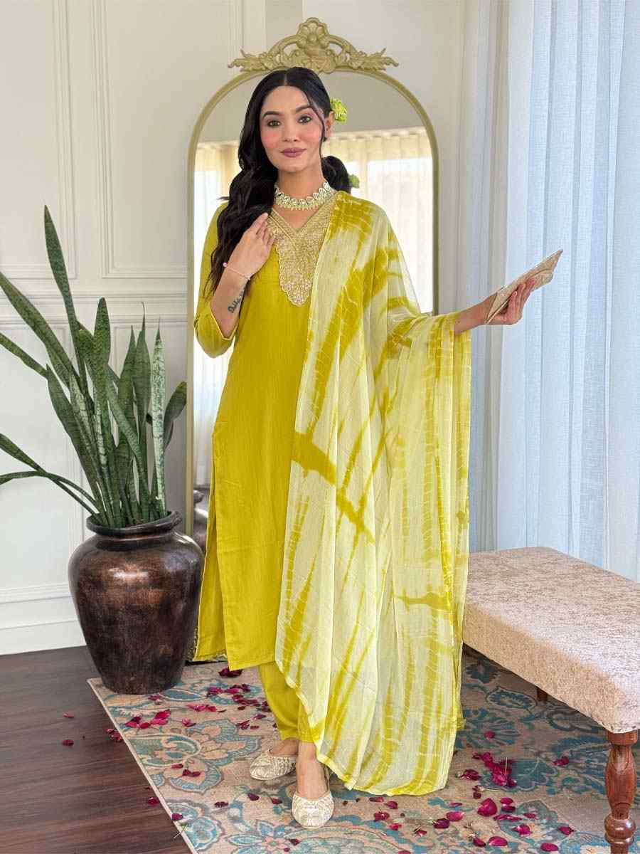 Lemon Yellow Viscose Slub Embroidered Festival Casual Ready Pant Salwar Kameez