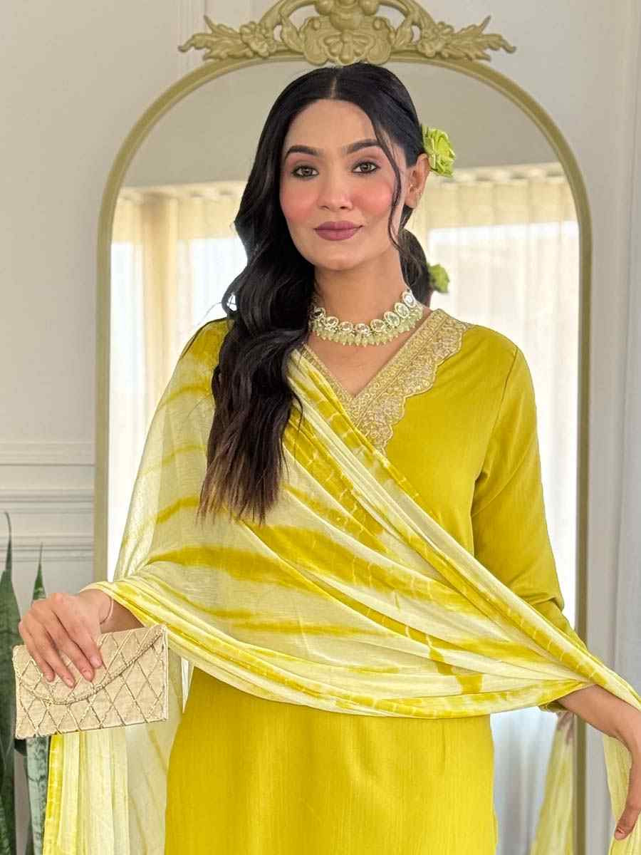 Lemon Yellow Viscose Slub Embroidered Festival Casual Ready Pant Salwar Kameez