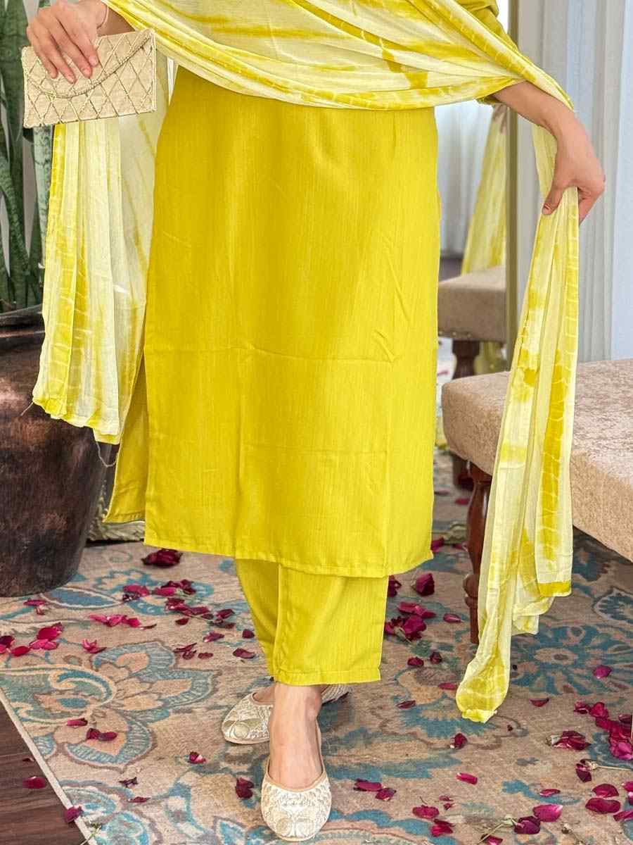 Lemon Yellow Viscose Slub Embroidered Festival Casual Ready Pant Salwar Kameez