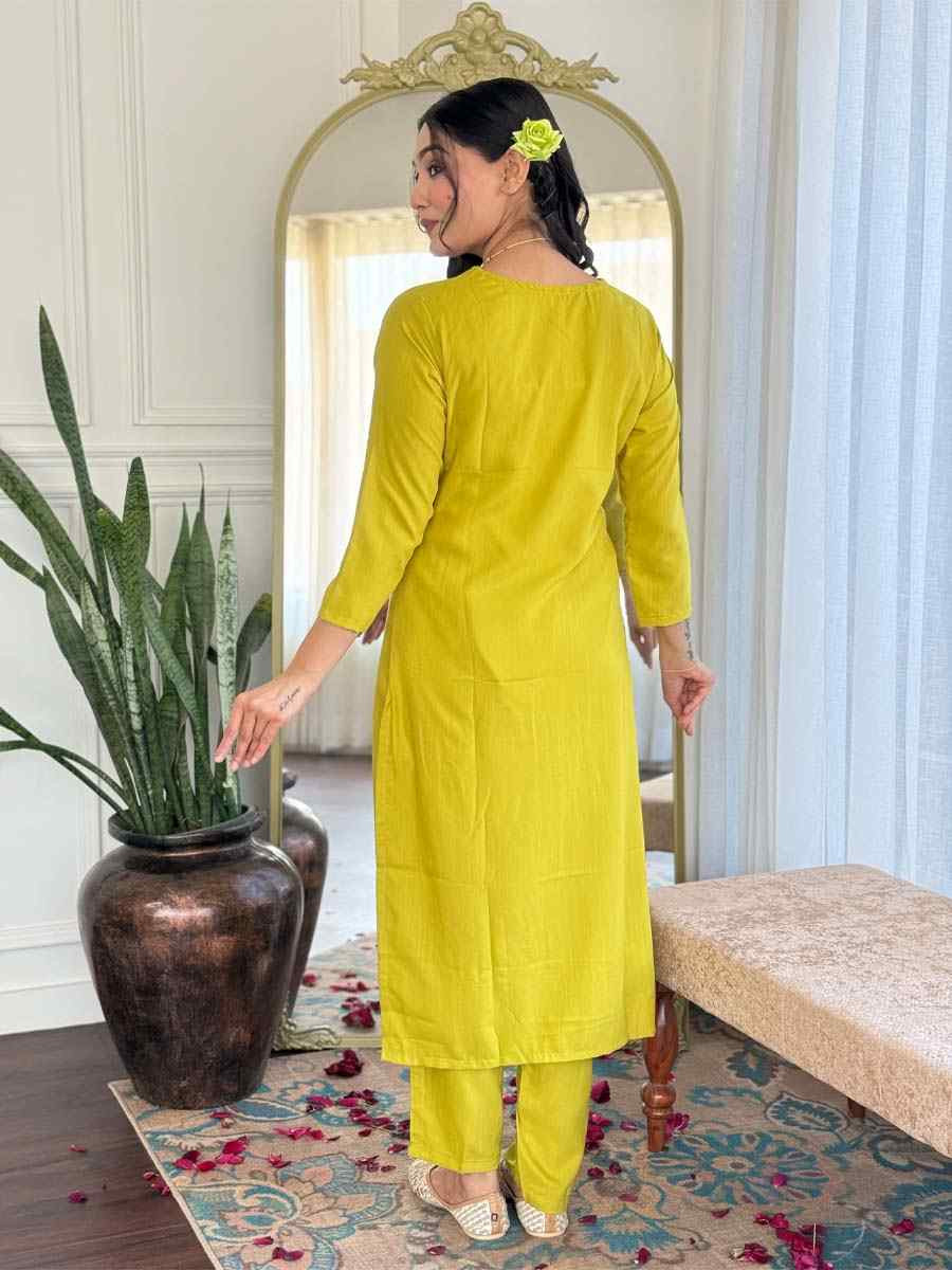 Lemon Yellow Viscose Slub Embroidered Festival Casual Ready Pant Salwar Kameez