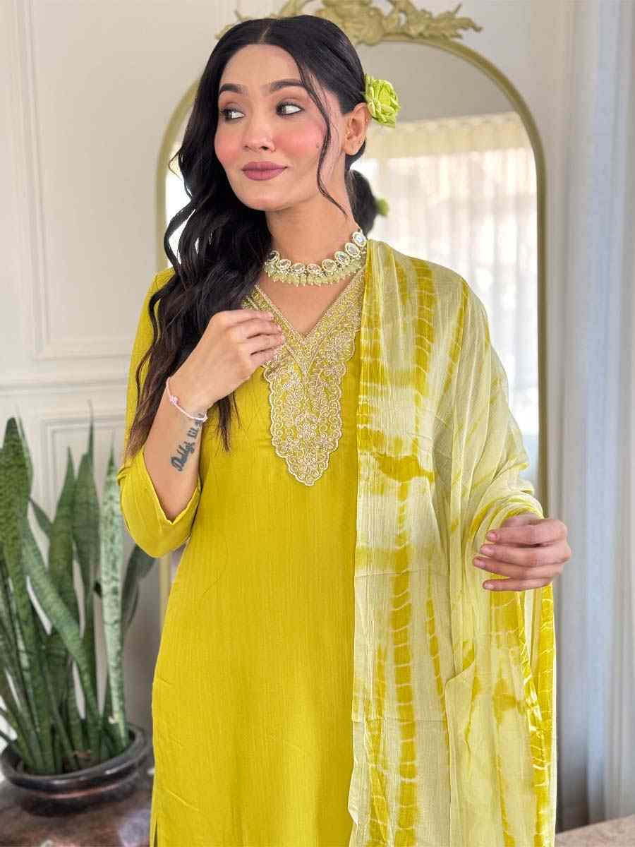 Lemon Yellow Viscose Slub Embroidered Festival Casual Ready Pant Salwar Kameez