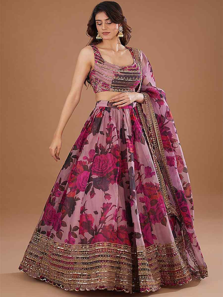 Ligh Purple Organza Embroidery Reception Party Wear Heavy Border Lehenga Choli