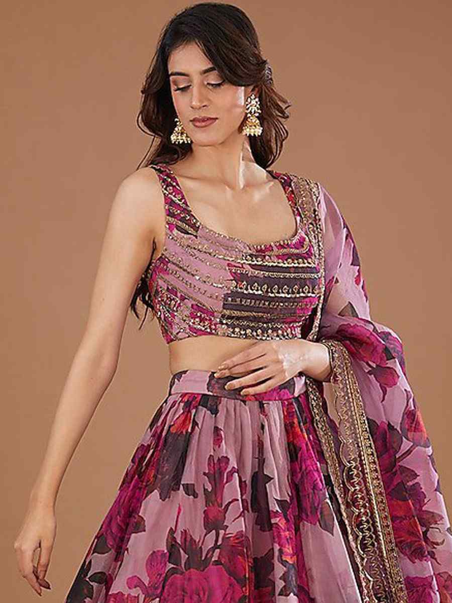 Ligh Purple Organza Embroidery Reception Party Wear Heavy Border Lehenga Choli