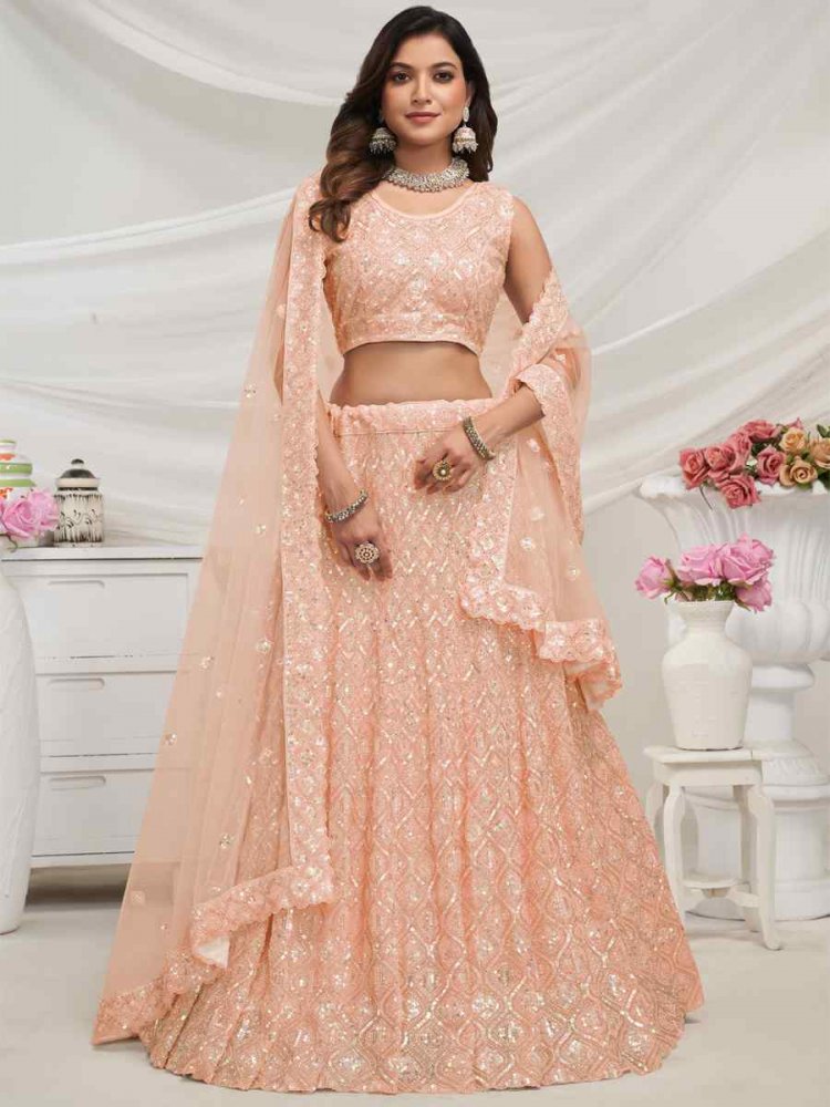 Light  Orange Soft Net Embroidered Bridesmaid Wedding Heavy Border Lehenga Choli