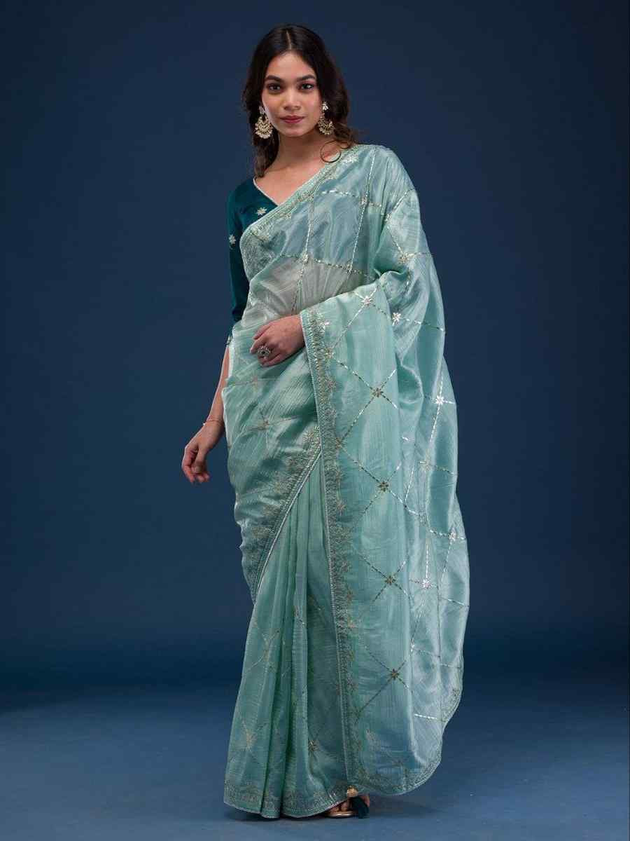 Light Aqua Soft Rich Jimmy Chu Silk Embroidered Festival Party Classic Style Saree