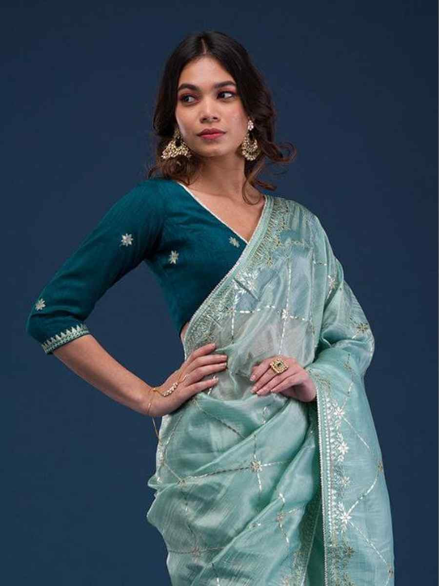 Light Aqua Soft Rich Jimmy Chu Silk Embroidered Festival Party Classic Style Saree