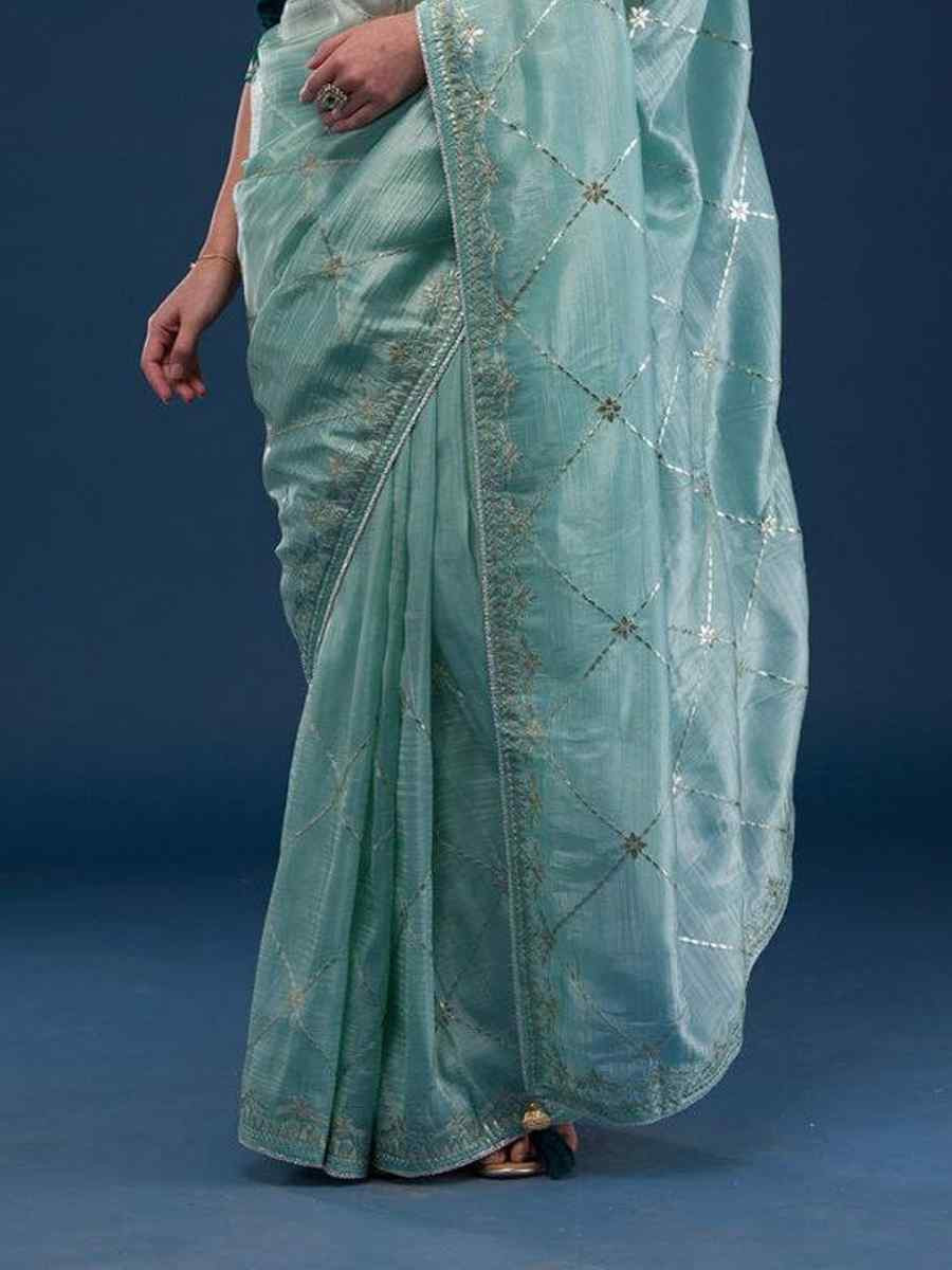 Light Aqua Soft Rich Jimmy Chu Silk Embroidered Festival Party Classic Style Saree