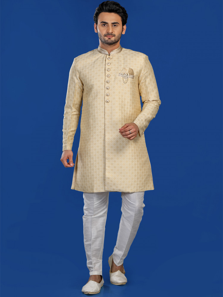 Light Beige Jacquard Silk Brocade Embroidered Party Wedding Kurta