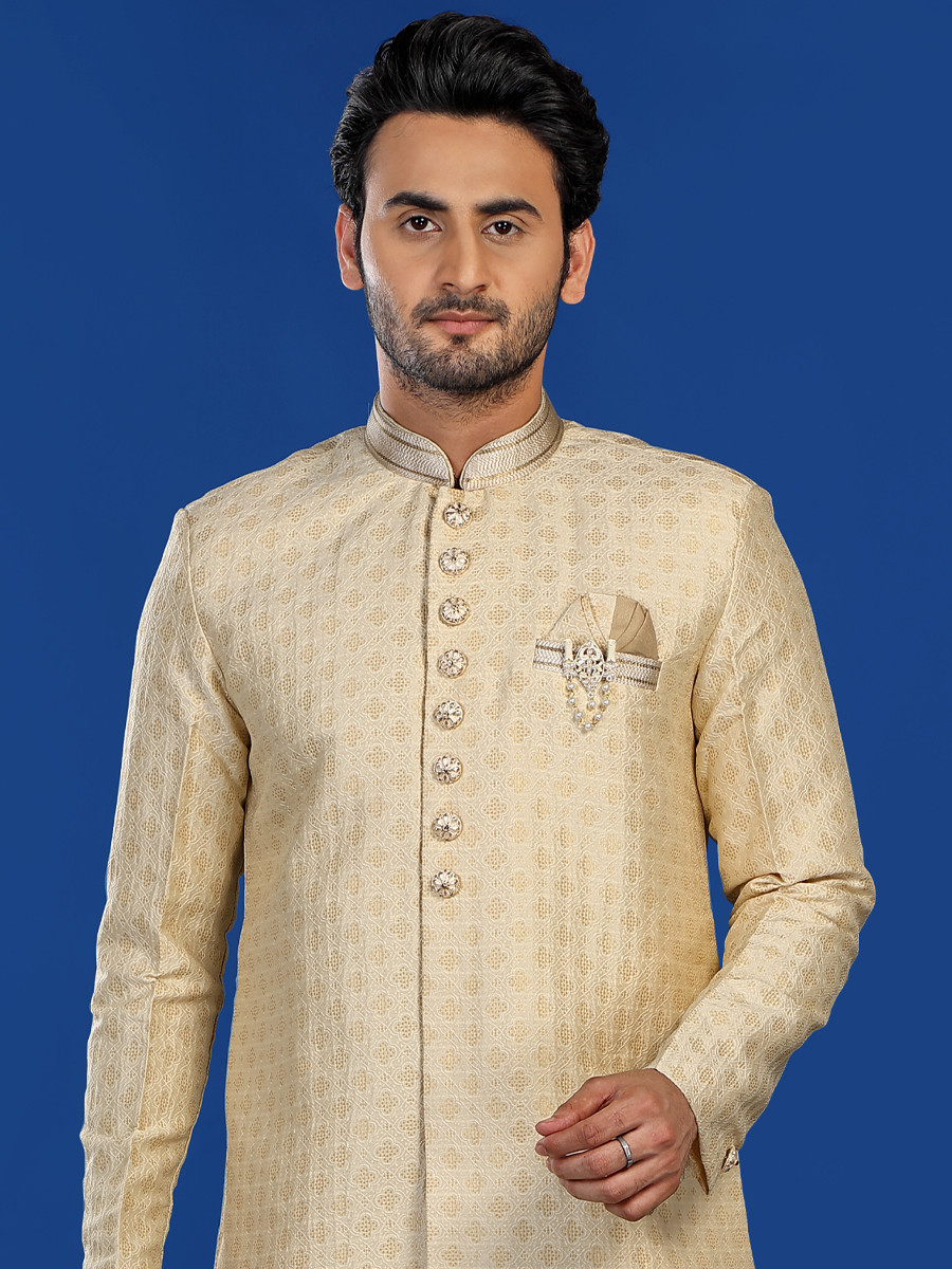 Light Beige Jacquard Silk Brocade Embroidered Party Wedding Kurta