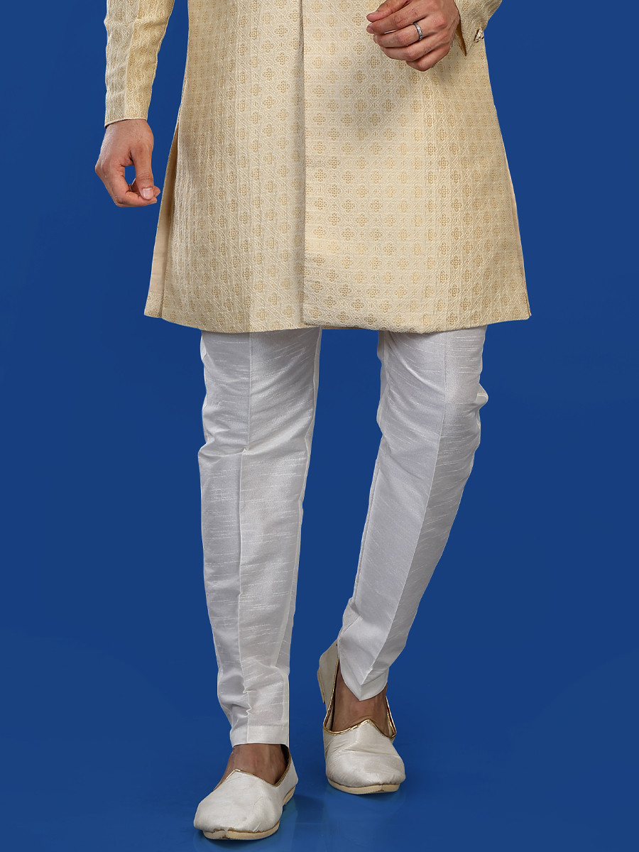 Light Beige Jacquard Silk Brocade Embroidered Party Wedding Kurta