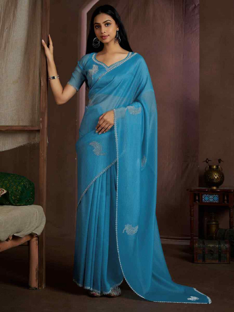 Light Blue Art Silk Crush Printed Festival Casual Heavy Border Saree