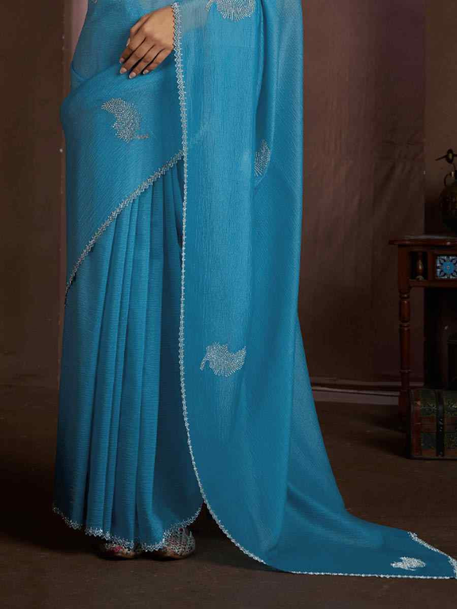 Light Blue Art Silk Crush Printed Festival Casual Heavy Border Saree