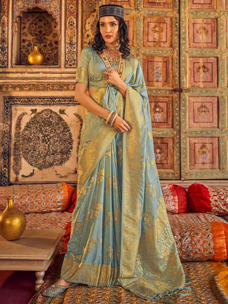 Light Blue Georgette Silk Handwoven Festival Wedding Heavy Border Saree