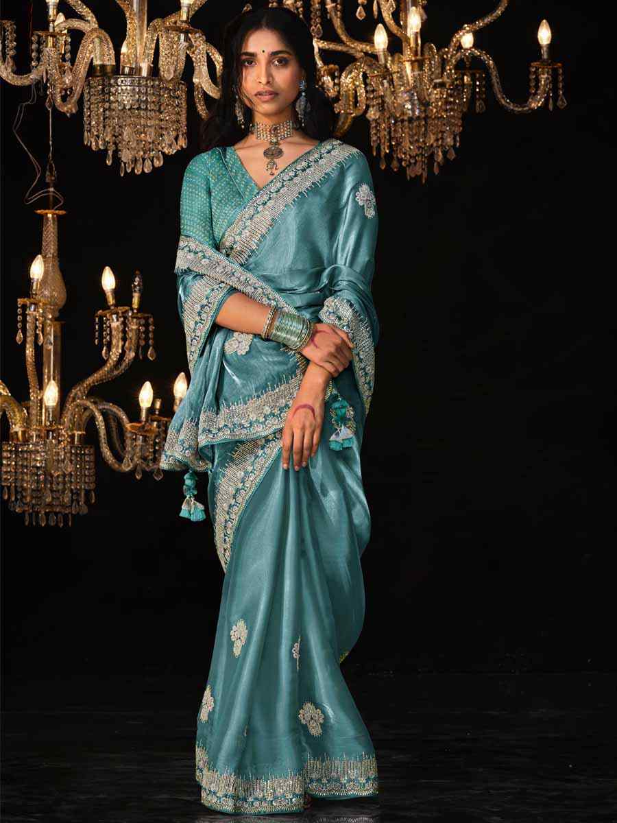 Light Blue Glass Tissue Silk Embroidered Party Reception Heavy Border Saree