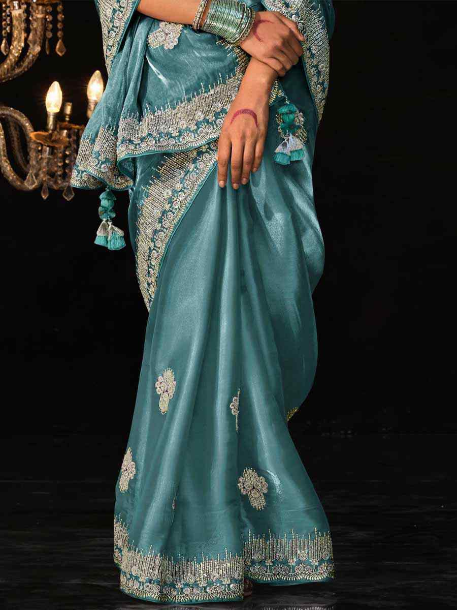 Light Blue Glass Tissue Silk Embroidered Party Reception Heavy Border Saree