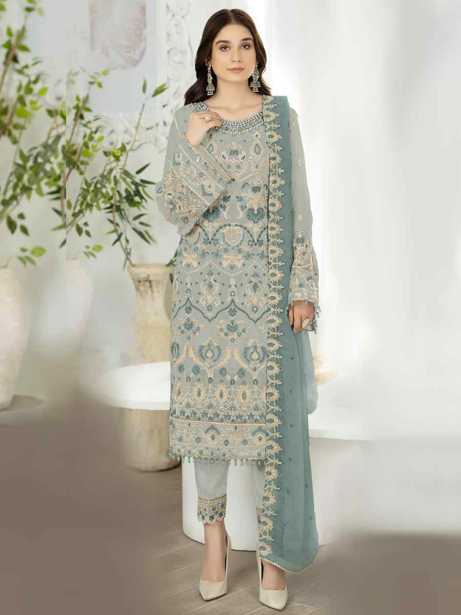 Light Blue Heavy Faux Georgette Embroidered Festival Wedding Pant Salwar Kameez