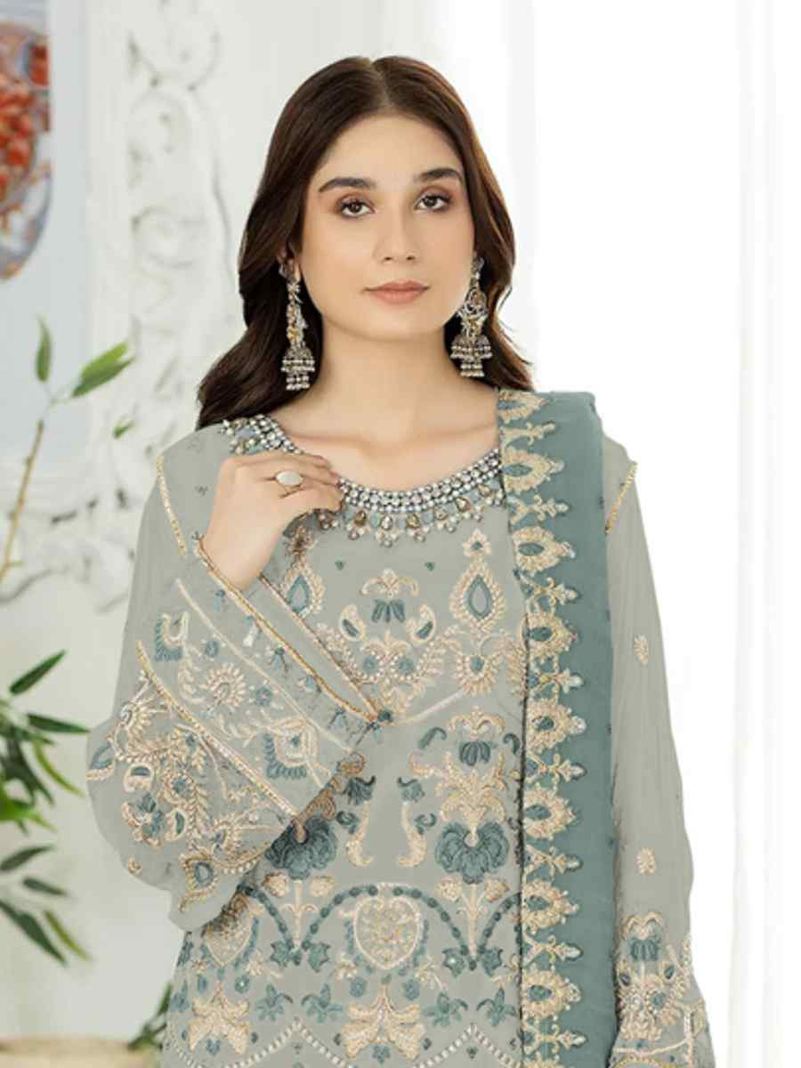 Light Blue Heavy Faux Georgette Embroidered Festival Wedding Pant Salwar Kameez