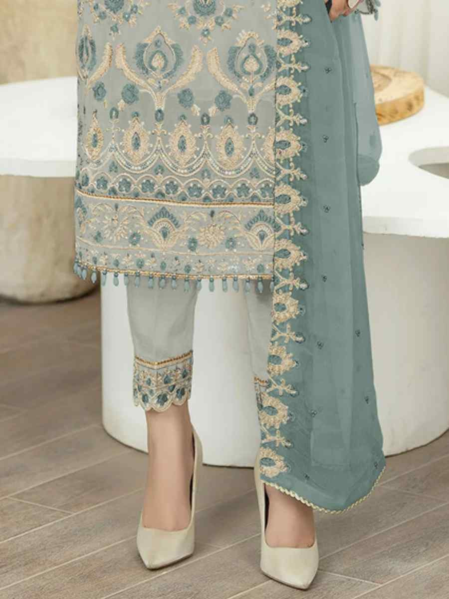 Light Blue Heavy Faux Georgette Embroidered Festival Wedding Pant Salwar Kameez