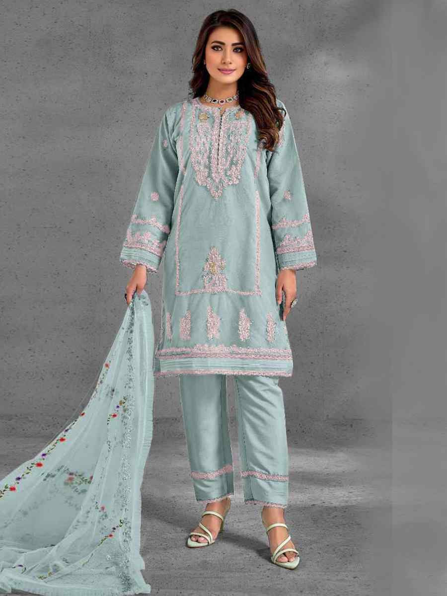 Light Blue Heavy Organza Embroidered Festival Casual Pant Salwar Kameez