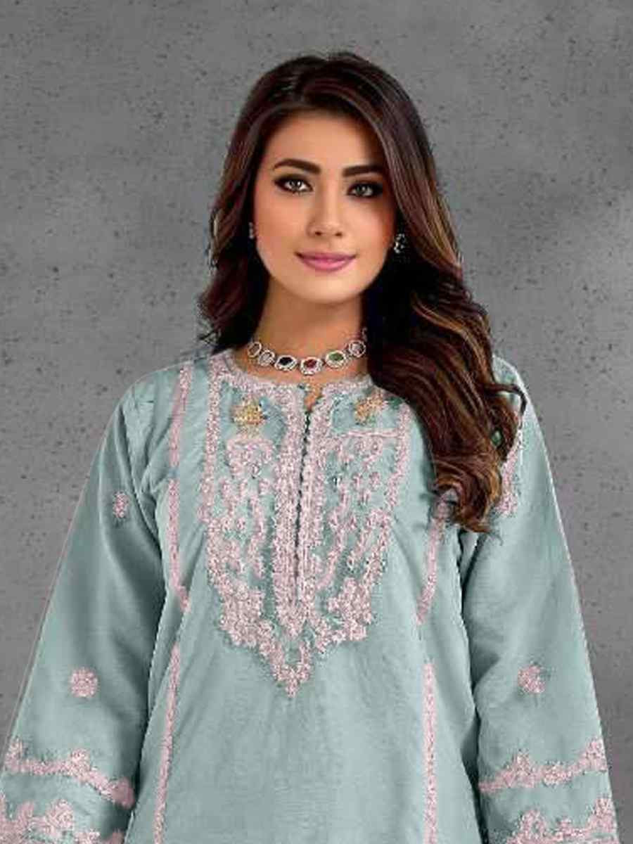 Light Blue Heavy Organza Embroidered Festival Casual Pant Salwar Kameez