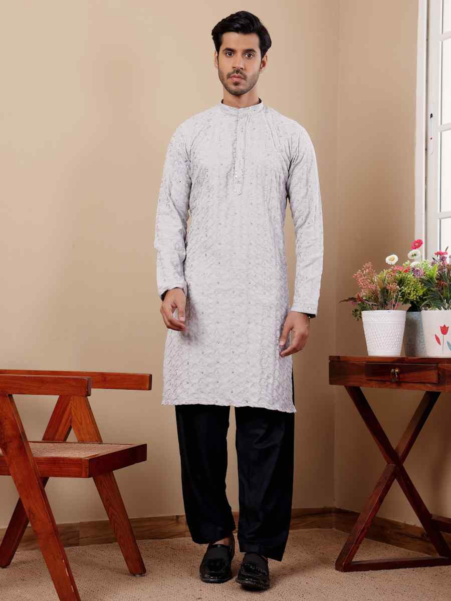 Light Blue Linen Embroidered Festival Casual Kurta