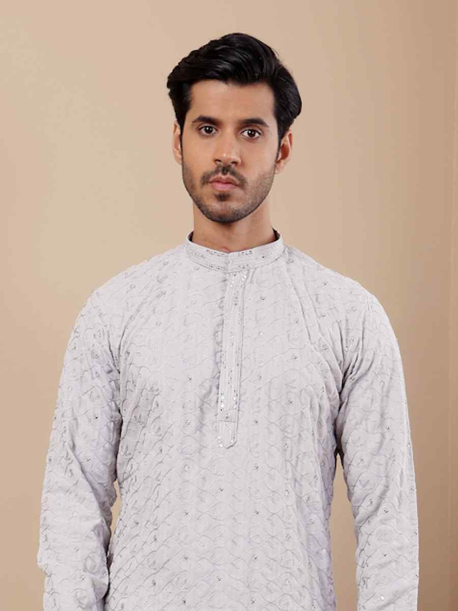 Light Blue Linen Embroidered Festival Casual Kurta