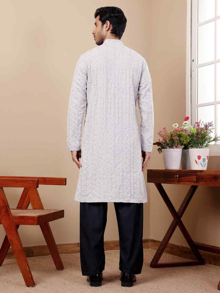 Light Blue Linen Embroidered Festival Casual Kurta