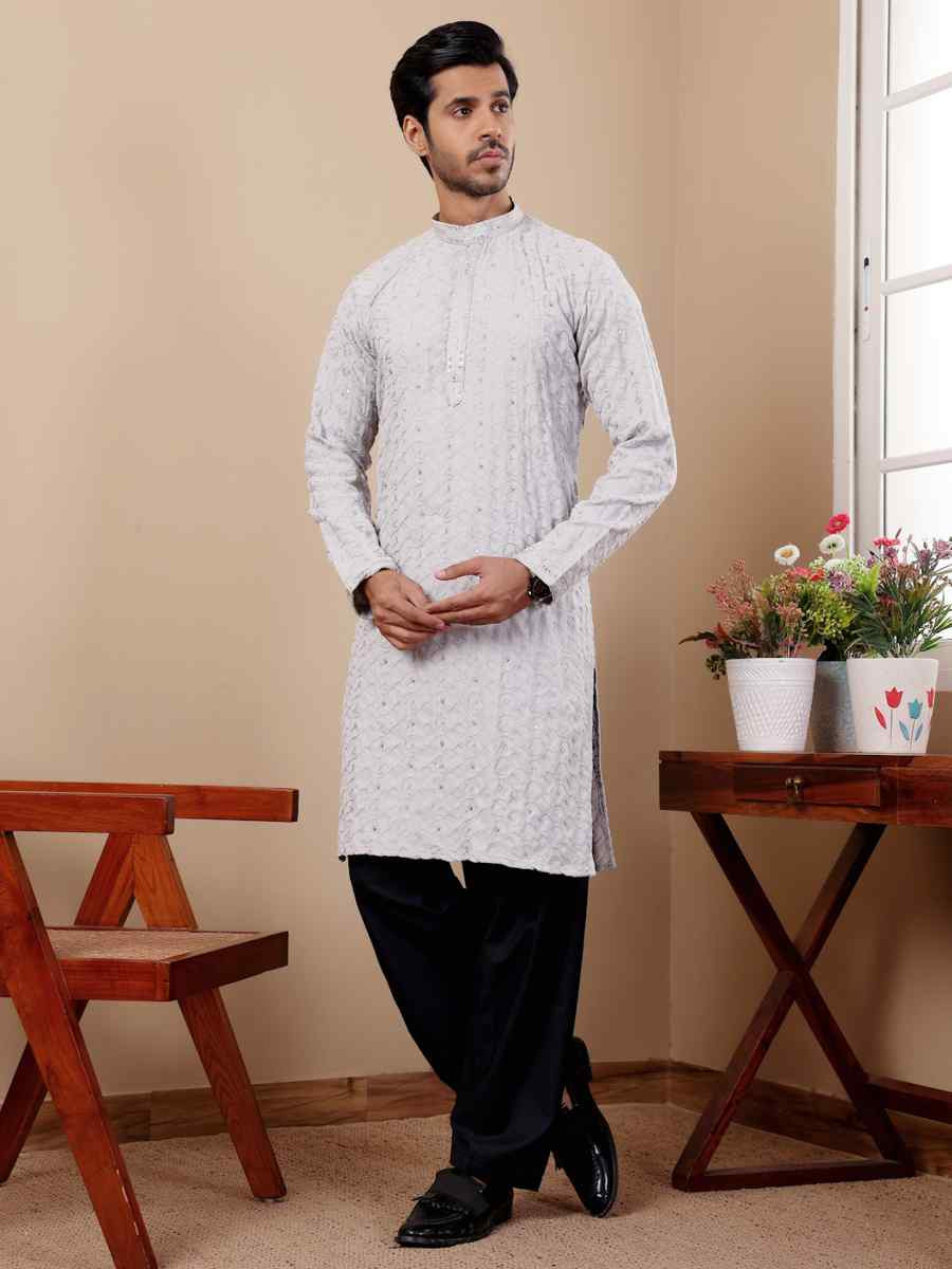 Light Blue Linen Embroidered Festival Casual Kurta