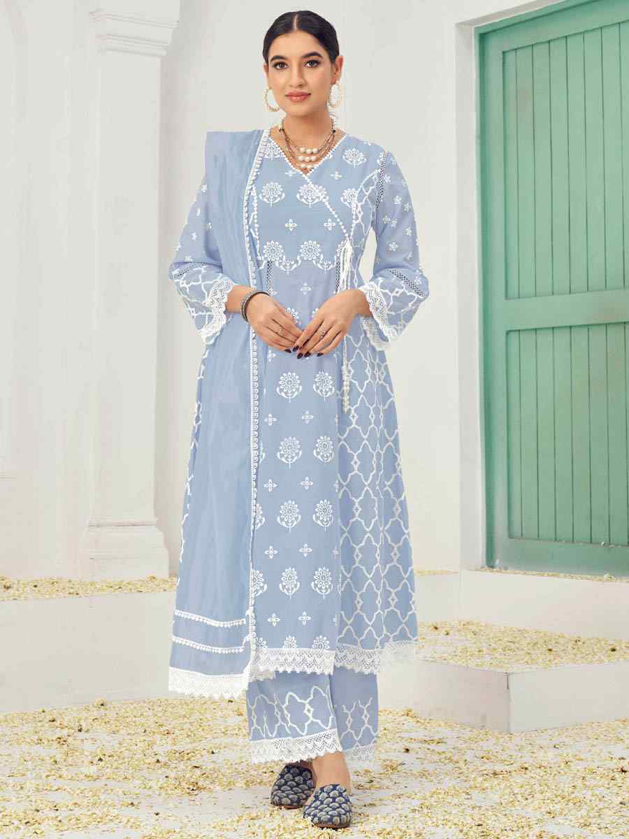 Light Blue Pure Cotton Embroidered Festival Casual Ready Anarkali Salwar Kameez