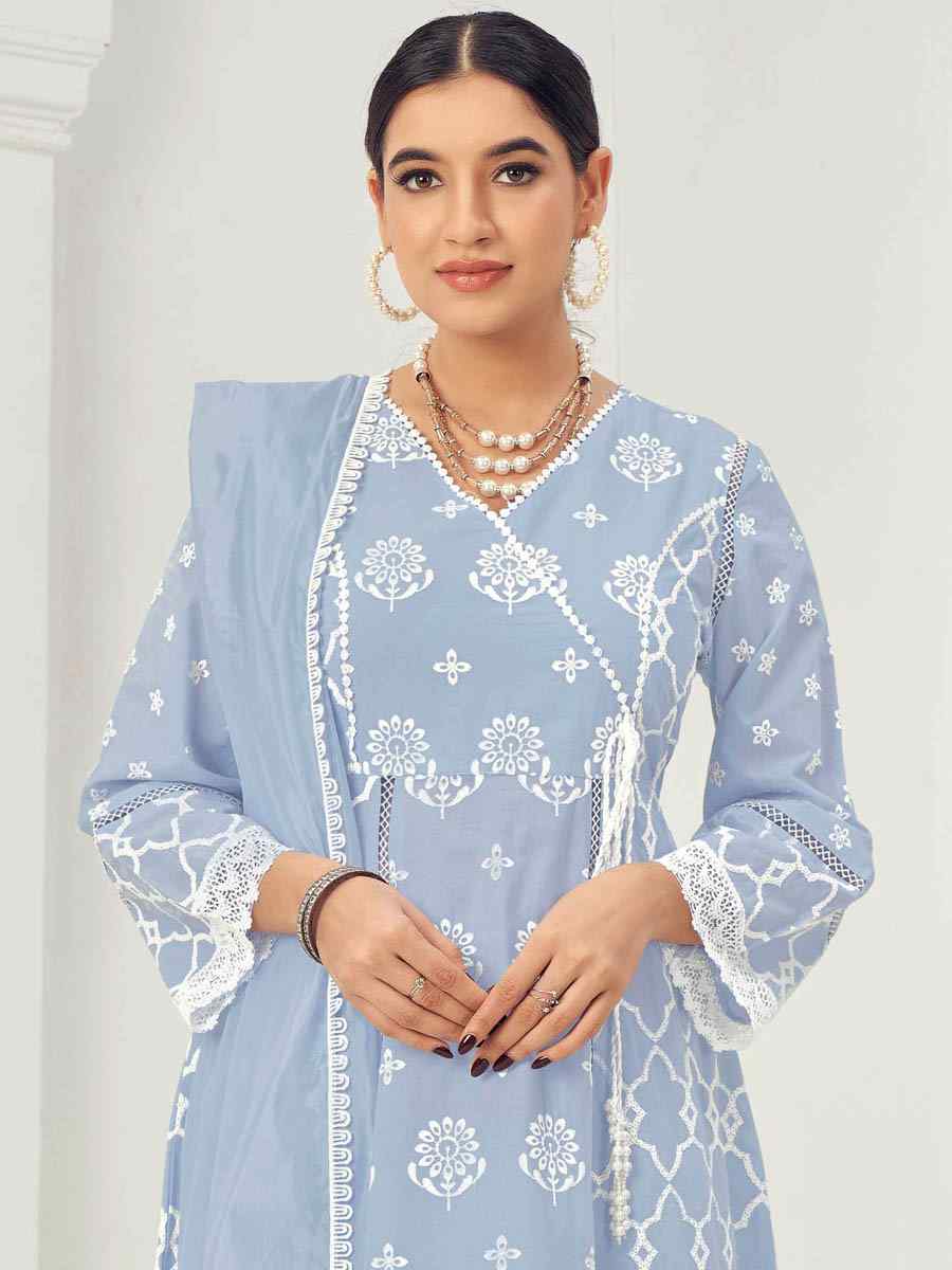 Light Blue Pure Cotton Embroidered Festival Casual Ready Anarkali Salwar Kameez