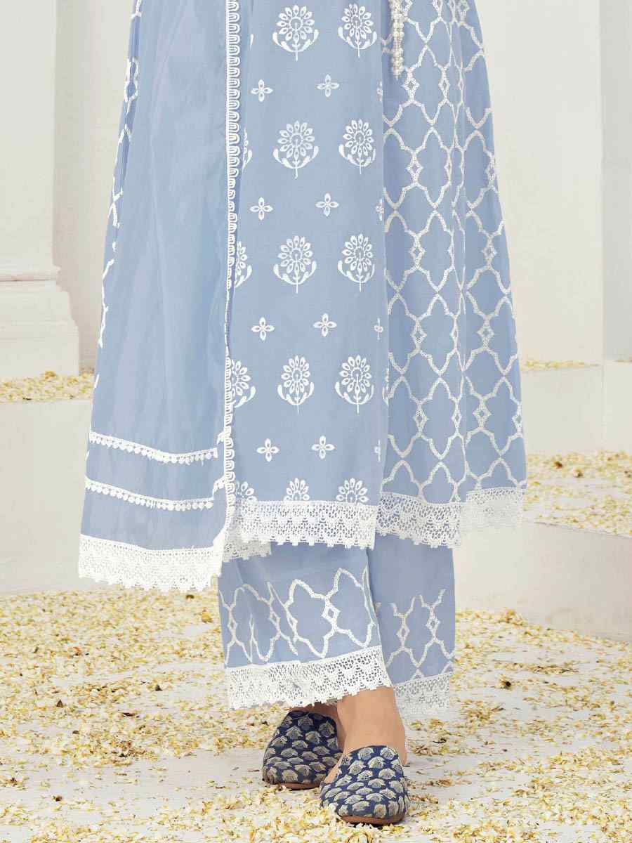 Light Blue Pure Cotton Embroidered Festival Casual Ready Anarkali Salwar Kameez