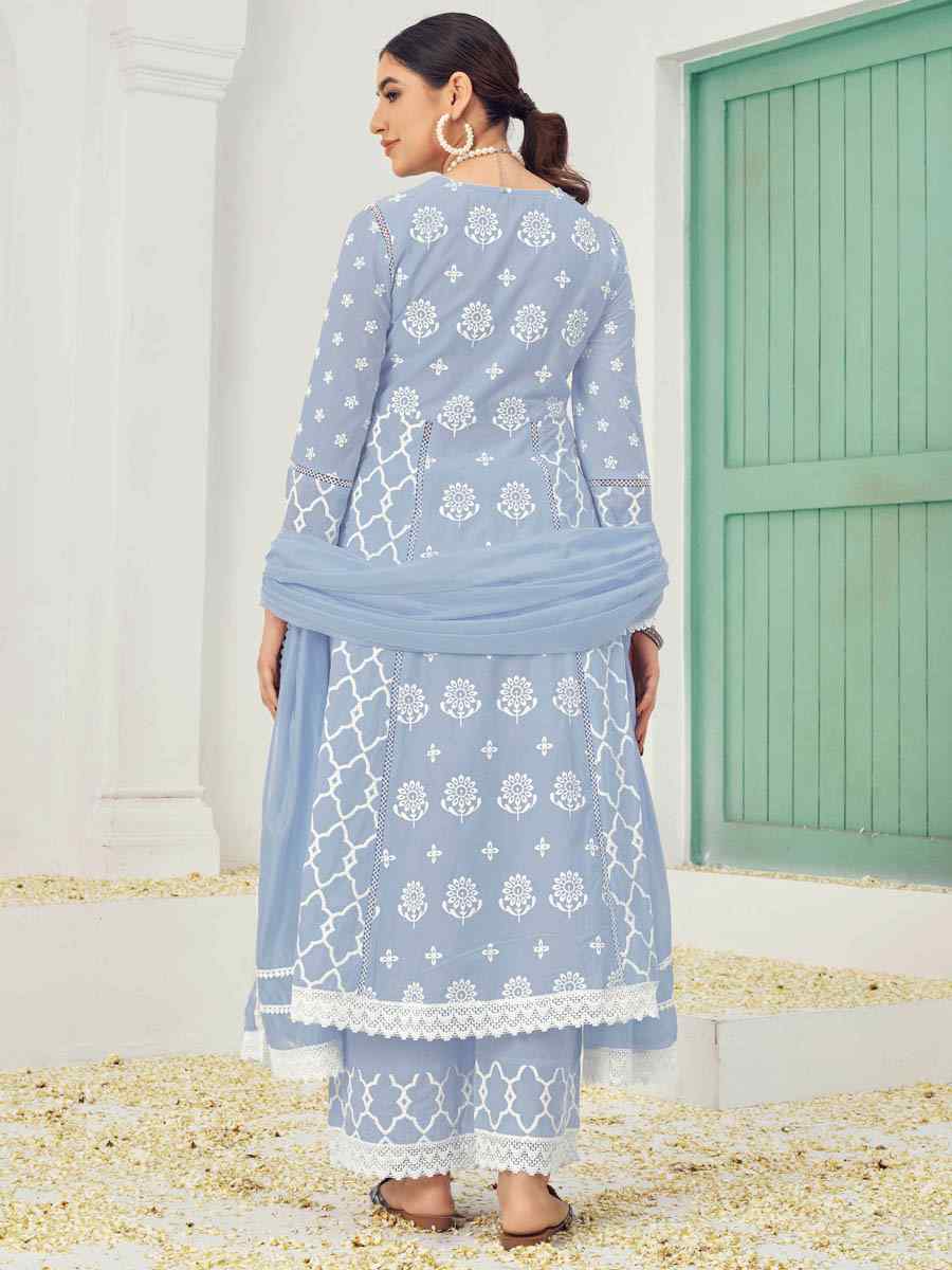 Light Blue Pure Cotton Embroidered Festival Casual Ready Anarkali Salwar Kameez