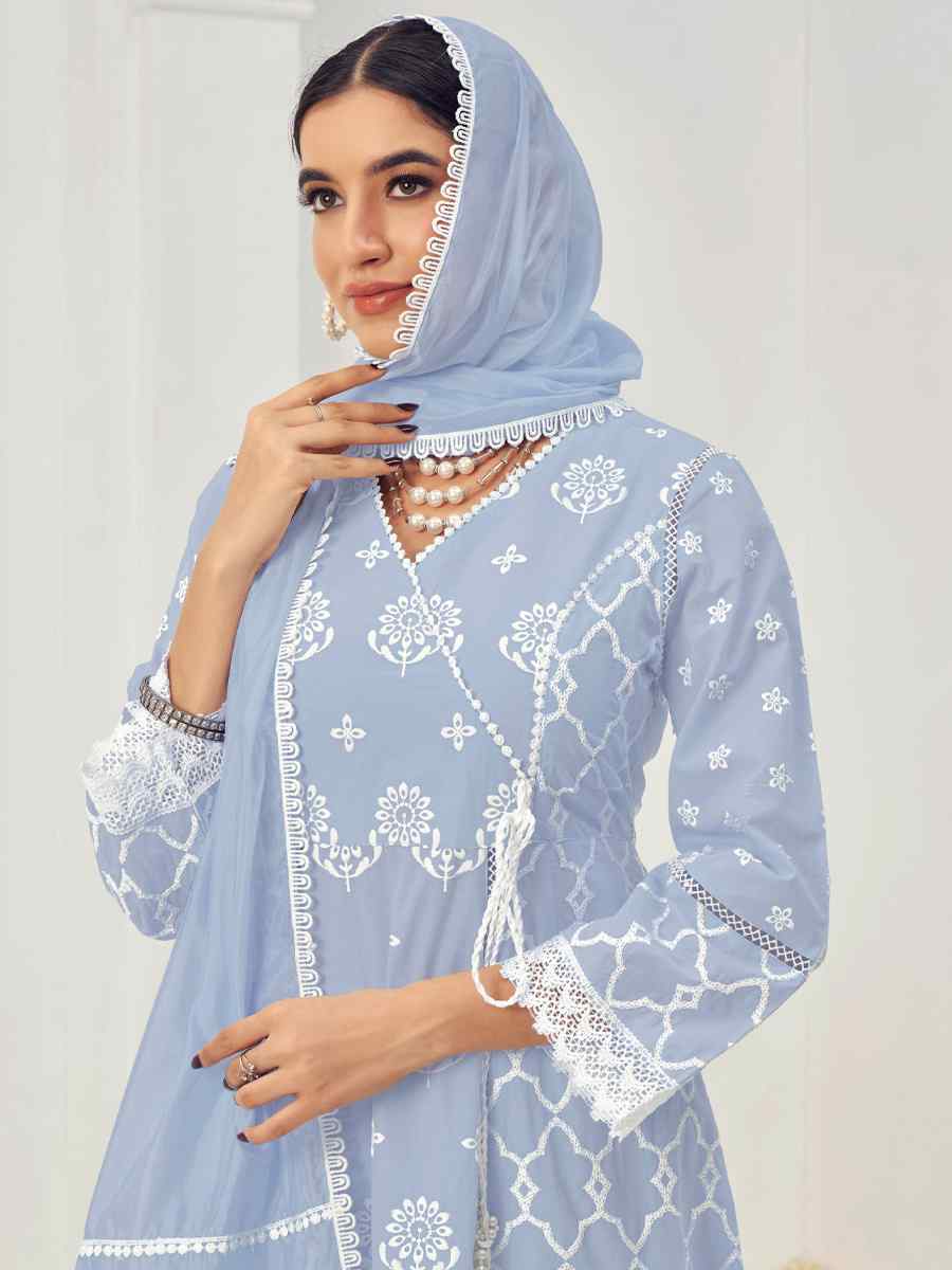 Light Blue Pure Cotton Embroidered Festival Casual Ready Anarkali Salwar Kameez