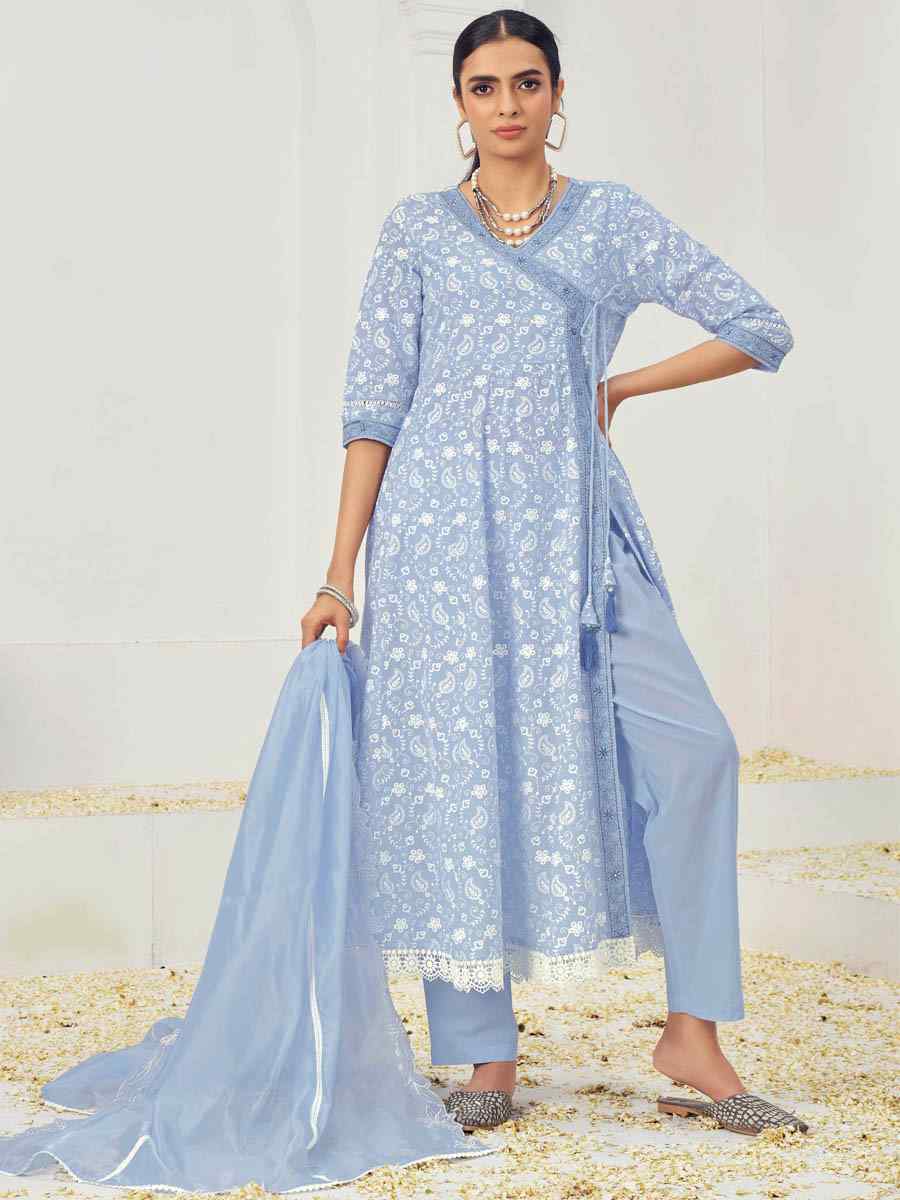 Light Blue Pure Cotton Embroidered Festival Casual Ready Anarkali Salwar Kameez