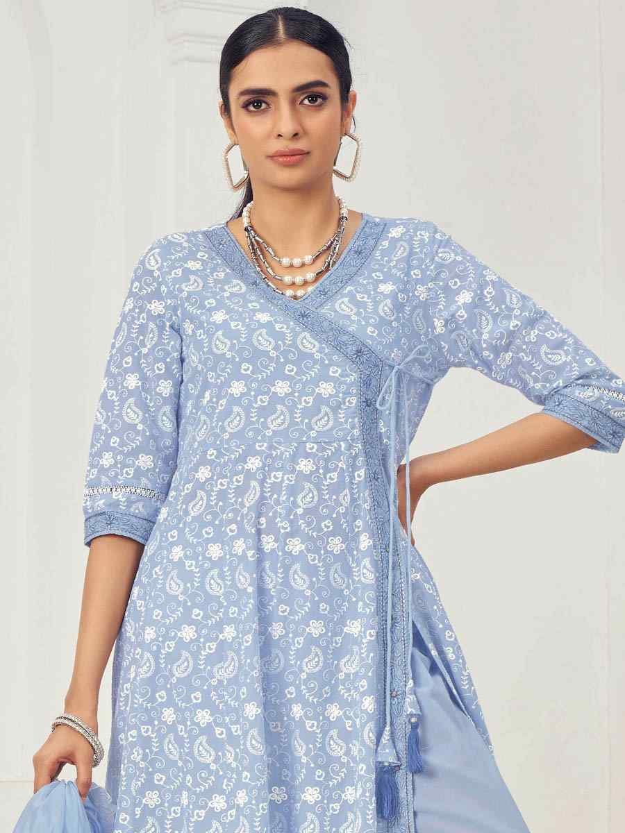 Light Blue Pure Cotton Embroidered Festival Casual Ready Anarkali Salwar Kameez