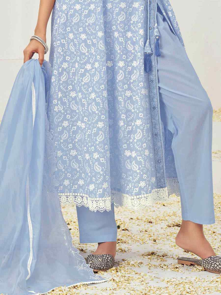 Light Blue Pure Cotton Embroidered Festival Casual Ready Anarkali Salwar Kameez