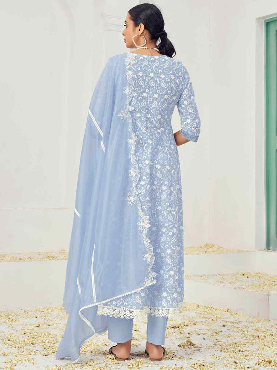 Light Blue Pure Cotton Embroidered Festival Casual Ready Anarkali Salwar Kameez