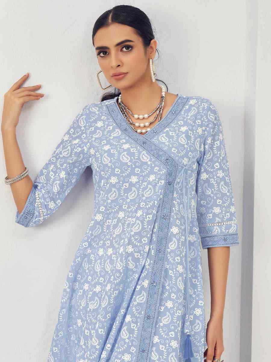 Light Blue Pure Cotton Embroidered Festival Casual Ready Anarkali Salwar Kameez