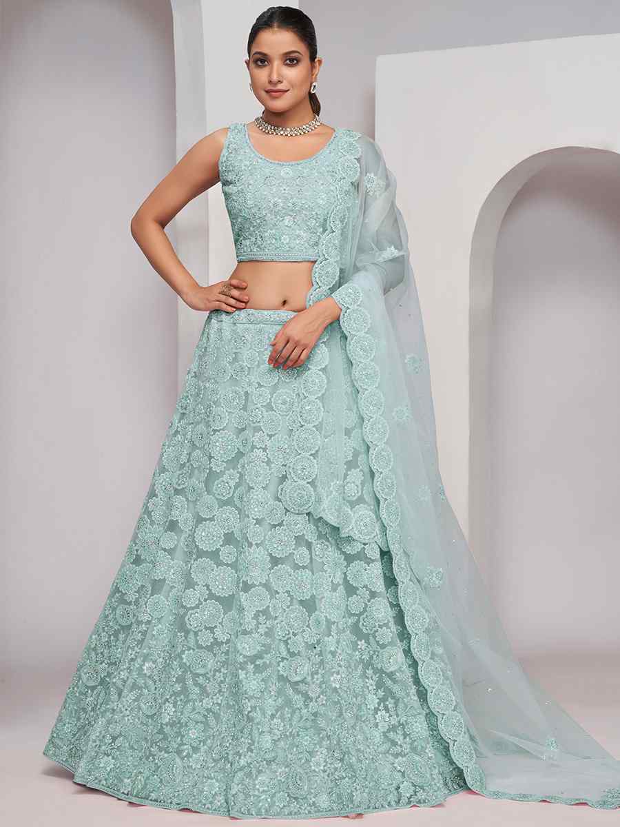 Light Blue Soft Net Embroidery Bridesmaid Wedding Heavy Border Lehenga Choli