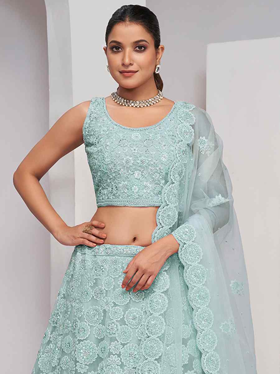 Light Blue Soft Net Embroidery Bridesmaid Wedding Heavy Border Lehenga Choli